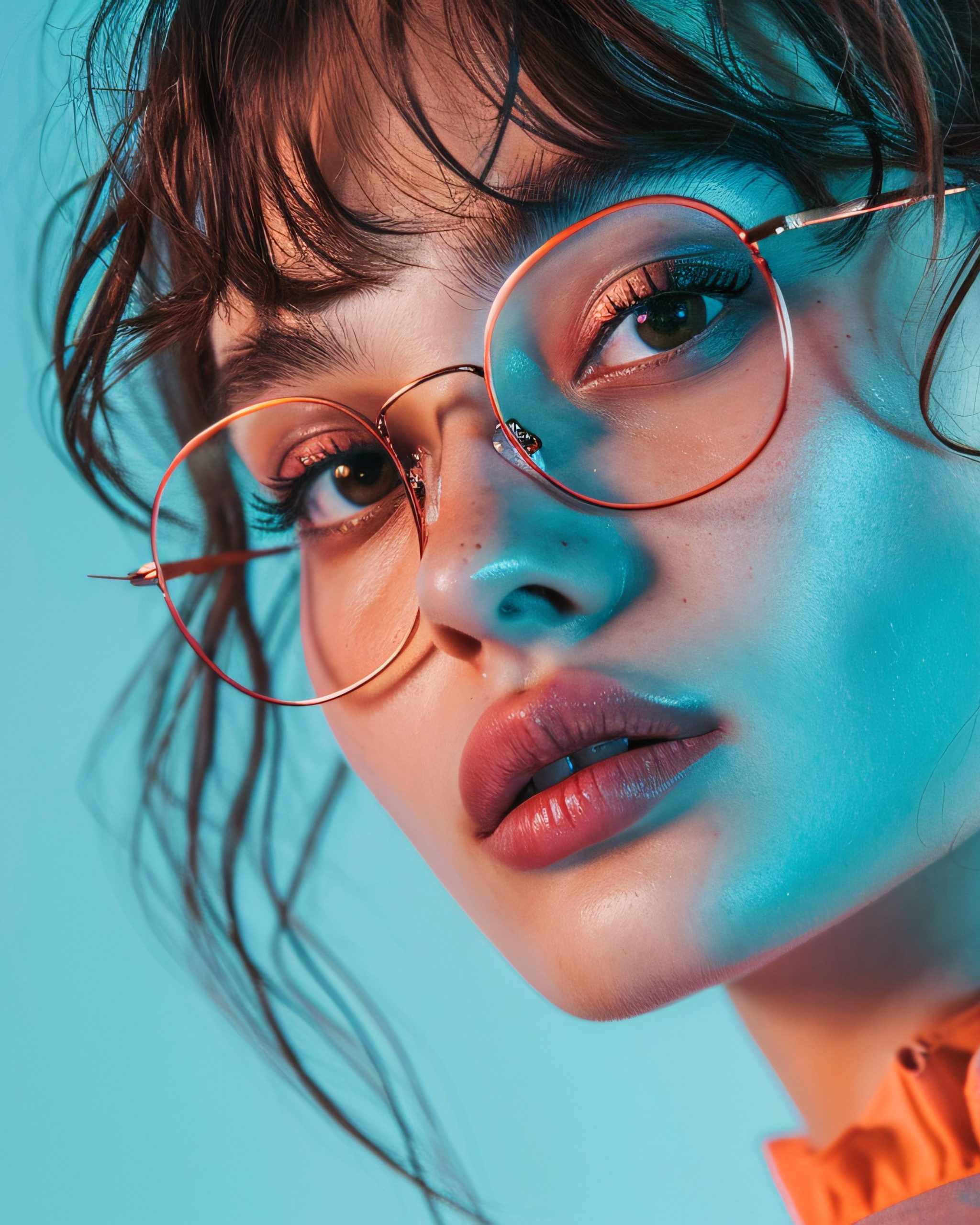 close up of a fashionable young female model wearing modern eyeglasses