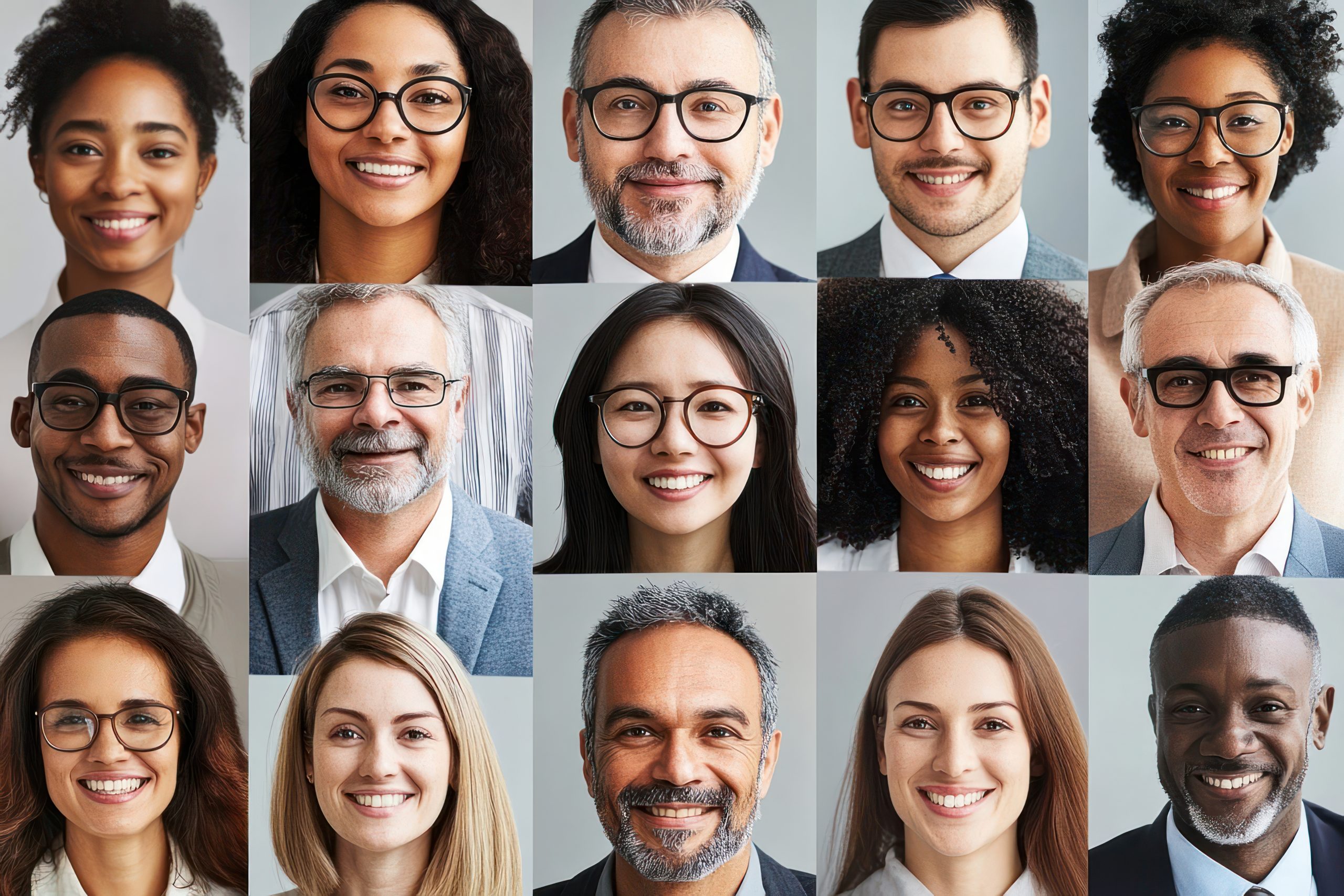 a collage of smiling diverse people wearing glasses.